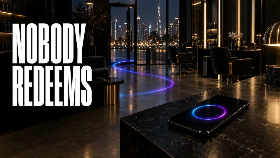 A salon counter at night with a full reward balance glowing on a phone that nobody has cashed in