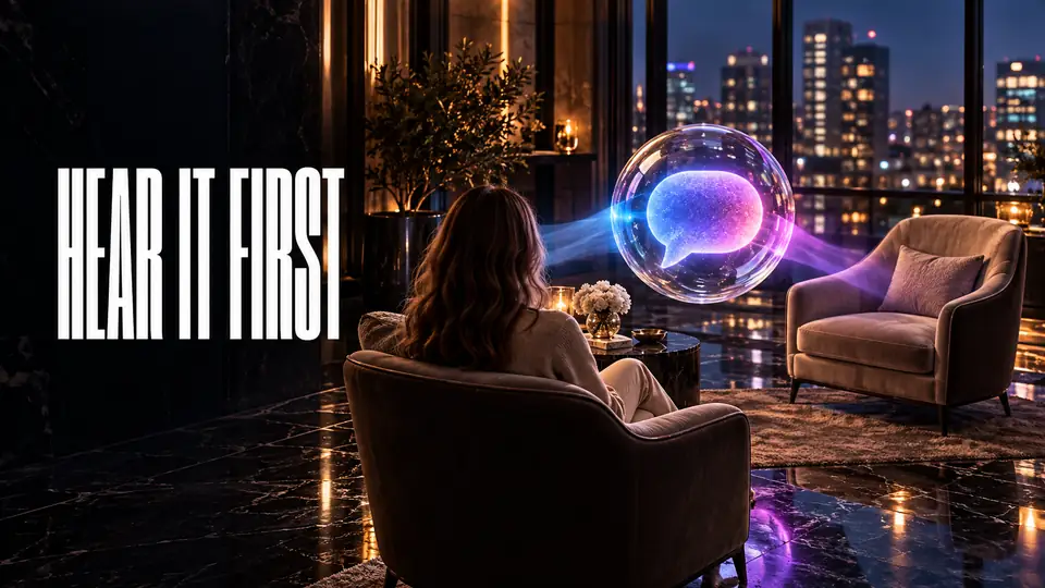 A woman seen from behind in an armchair in a quiet lounge at night, a glass sphere holding a glowing speech bubble floating toward an empty chair across from her