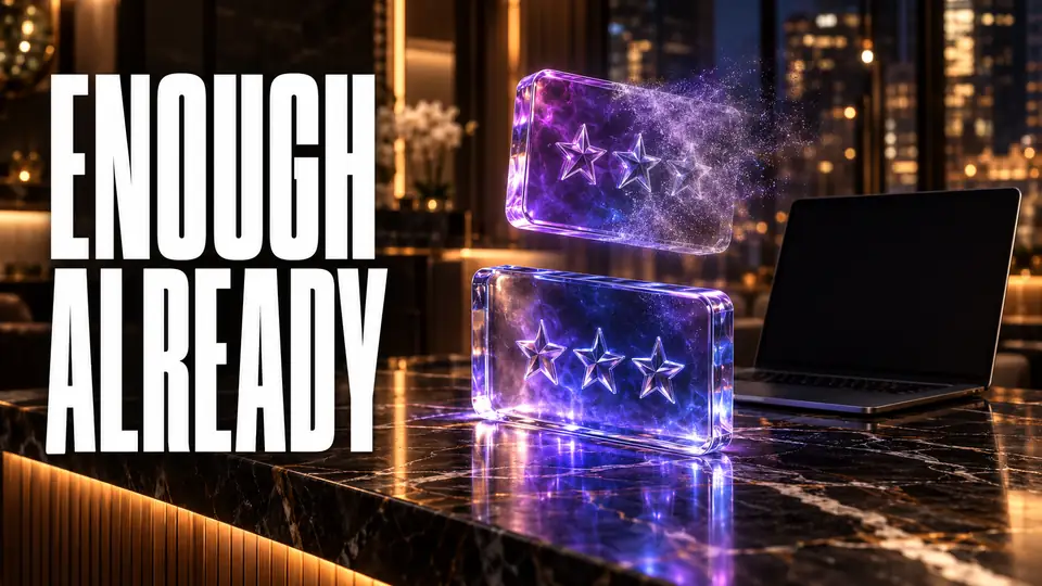 A solid glass rewards card with three stars standing on a marble front desk beside a laptop, with a second identical card above it dissolving into light, city lit up at night behind