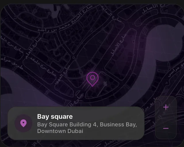 A map in the customer app with the branch pinned and its full street address on a card.