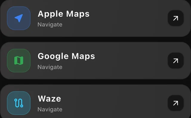 The customer app handing a branch address to Apple Maps, Google Maps or Waze.