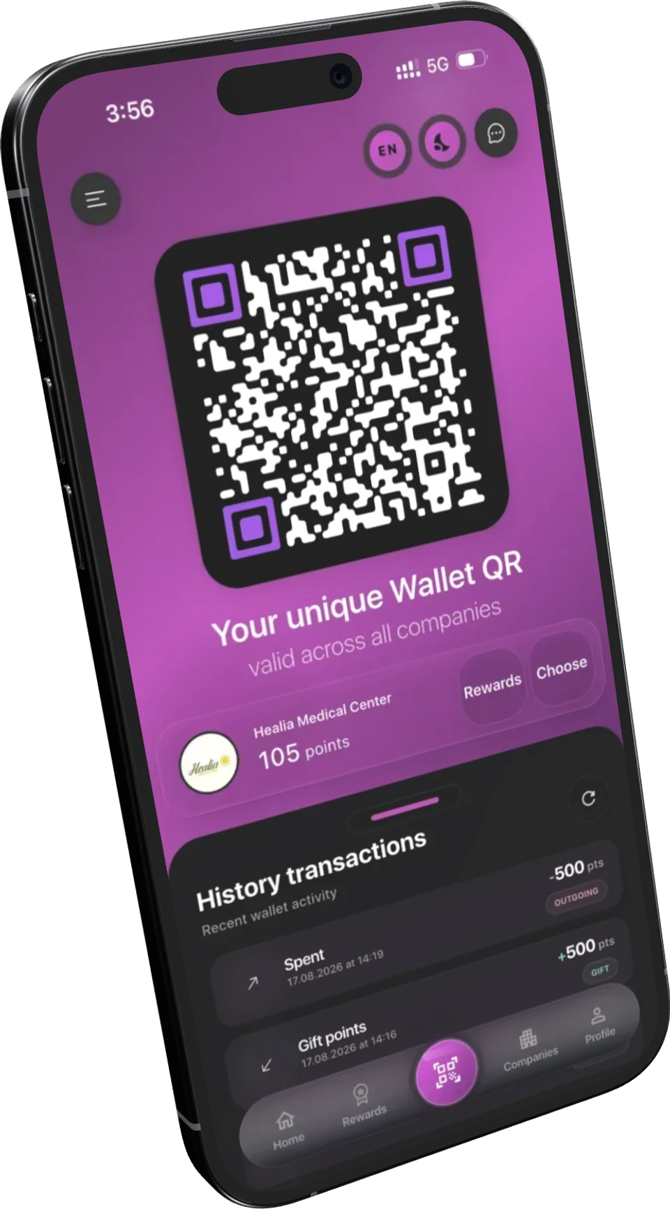 The LoyalsClub customer app on an iPhone, showing the wallet QR code and a 105-point balance at Healia Medical Center
