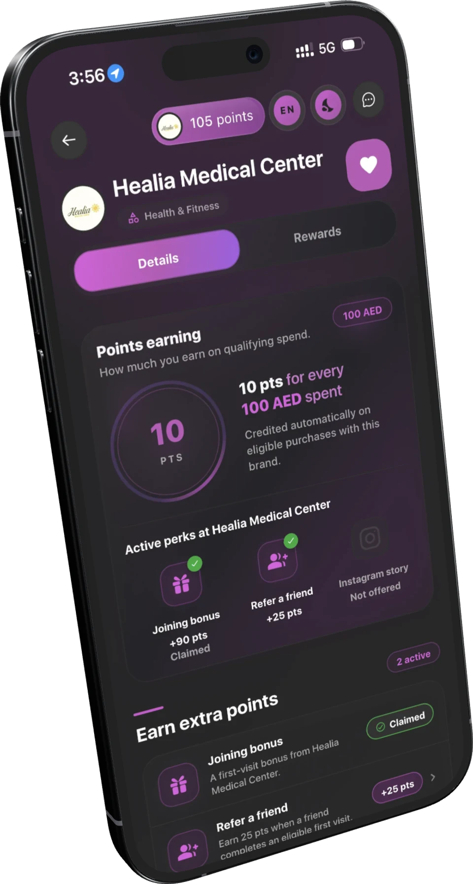 The same business page in the customer app showing the points rate the business sets and its joining bonus.