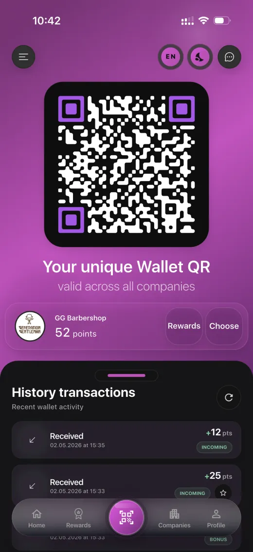 The LoyalsClub customer app on an iPhone, showing the wallet QR code and a 52-point balance at GG Barbershop